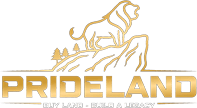 Gold logo of a lion standing on a rocky hill with trees, and the text “PRIDELAND” below, followed by the slogan “BUY LAND – BUILD A LEGACY.”.